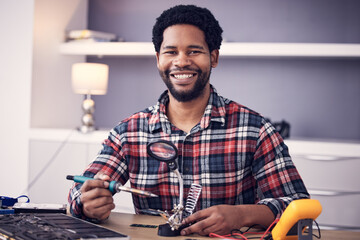 Technician portrait, man and fixing electronics of computer hardware, soldering iron tools or tech...
