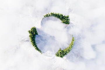 Explore nature's recycling system: mountain range hidden in white clouds shaped like arrows, adorned with trees mimicking their form. Eco-friendly symbol captured from above. 3d rendering.
