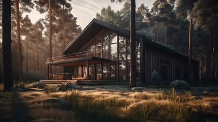 Fototapeta na wymiar Modern small wooden house in the Scandinavian style barnhouse, with a metal roof in forest. AI generated