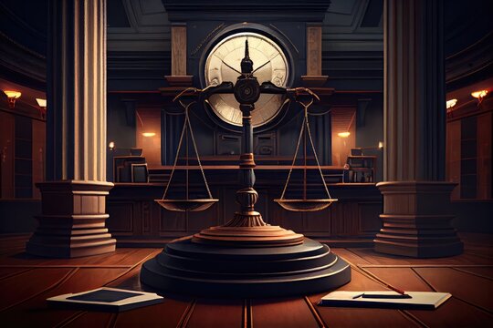 scale of justice, with a view of the courtroom in the background, created with generative ai