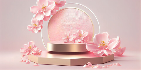 Beauty product promotion background with pedestal and sakura flowers. Cosmetic product presentation, 3d illustration 