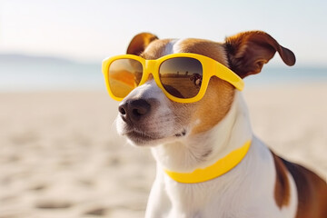 Fototapeta na wymiar Jack Russell dog with yellow sunglasses on a beach. AI generative.