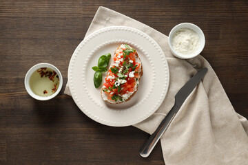 Toasts with tasty grilled vegetables, top view
