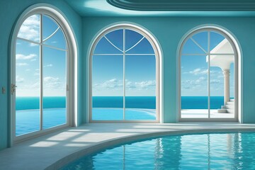 swimming pool, with view of nearby beach and blue ocean visible through the windows, created with generative ai