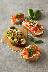 Toasts with tasty grilled vegetables, concept of delicious appetizer