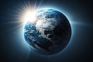 a sunlit globe against a blue sky, with rays of light illuminating the world., created with generative ai