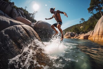 A Man Is Jumping Off A Rock Into The Water At A Beach Natural Hot Springs Travel Photography Adventure Travel Generative AI