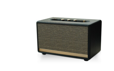 Fototapeta premium gold steel and black leather radio on white background, technology, object, decor, music, modern, copy space