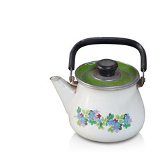 side view antique white and grenn and black color teapot on white background, vintage, object, kitchen, copy space