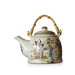 side view antique white ceramic teapot on white background, object, vintage, decor, ancient, kitchen, copy space