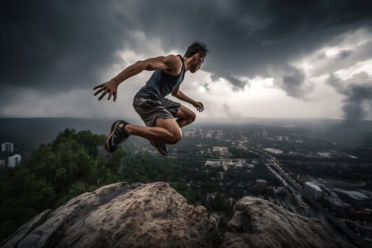 A Man Jumping Off A Cliff Into The Air With A Cloudy Sky Behind Him Martial Arts Studio Sports Photography Action Photography Generative AI
