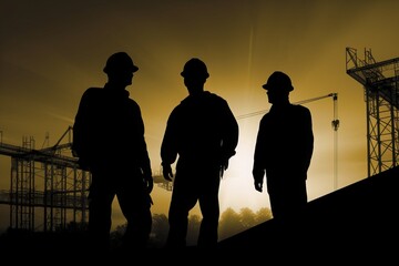 silhouette of three construction workers in evening with sunlight. For may day and presentation background. Generative Ai
