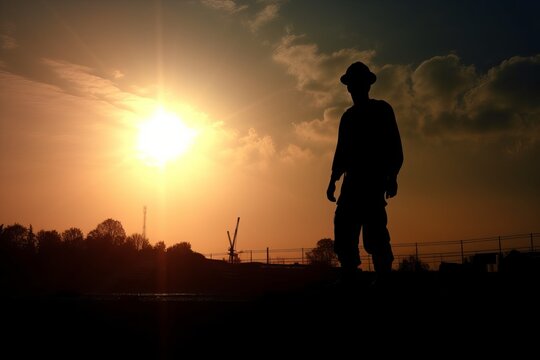 silhouette of construction worker in evening with sunlight. For may day and presentation background. Generative Ai