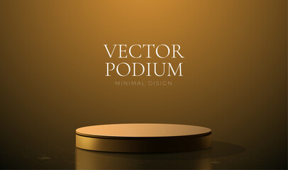 Realistic 3d cylinder gold pedestal scene, vector podium, minimal design. Abstract vector rendering geometric forms. Pastel minimal scene. Stage for showcase, Product display