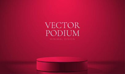 Realistic 3d cylinder red pedestal scene, vector podium, minimal design. Abstract vector rendering geometric forms. Pastel minimal scene. Stage for showcase, Product display