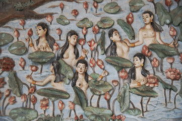 Beautiful Stucco on the Sim or Church architecture of Lan Xang style, there is a mural at Wat Mahathat or Wat That Noi 