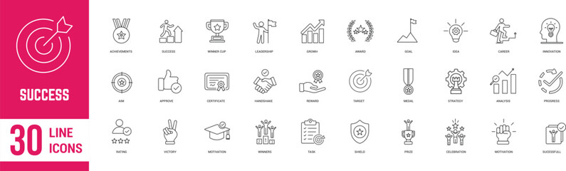 Success icon set. Successful business development, plan, goal and process symbol. Solid icons vector collection.