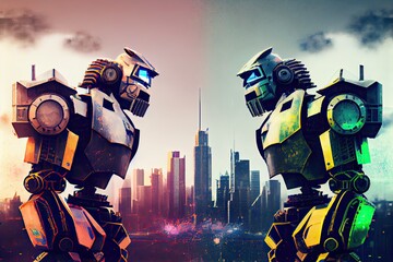 Naklejka premium two robots of different colors, in confrontation on the city skyline, created with generative ai