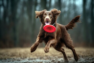 Spirited Dog's Aerial Feat: Catching Frisbee Mid-Flight, Agility, Playfulness, Athleticism Display, Generative AI