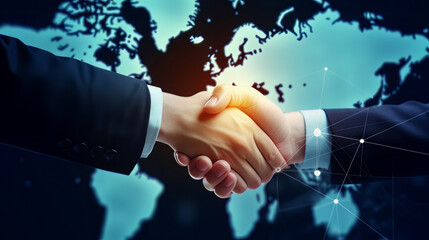 Smart logistics, Global business concept. Businessman making handshake for successful business, investment deal teamwork and partnership business partners on logistic global network and supply chain 