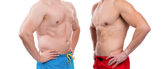 diet and sport for body comparison in studio. men with diet and sport for body comparison.