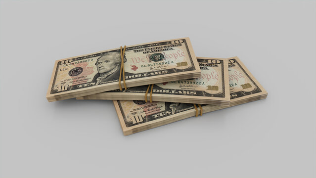 Savings concept with Three bundles of Ten Dollar Bills. US Dollar Currency Background.