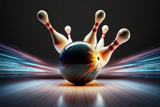 person, bowling strike with perfect shot, hitting all pins and winning the game, created with generative ai