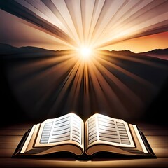 The book of the Islamic Koran with a shining light effect, which is exotic and the theme of Ramadan. Great for business, blog, website, presentation, wallpaper, speech etc. Ai Generated image concept