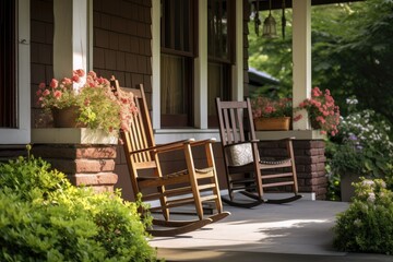 the front porch of a craftsman house, with comfortable rocking chairs and flowering plants, created with generative ai
