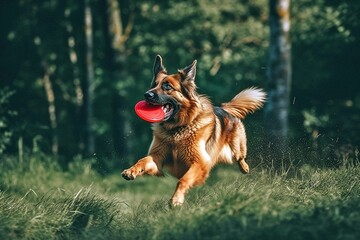 Energetic Dog's Red Frisbee Chase: Expertly Running After Catch, Playful Agility, Canine Fun, Generative AI