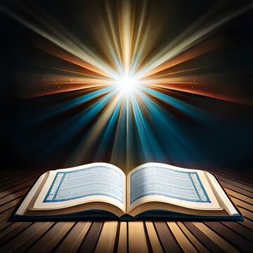 The book of the Islamic Koran with a shining light effect, which is exotic and the theme of Ramadan. Great for business, blog, website, presentation, wallpaper, speech etc. Ai Generated image concept