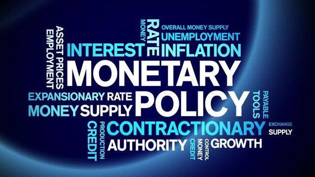 Monetary Policy animated tag word cloud;text design animation kinetic typography seamless loop.