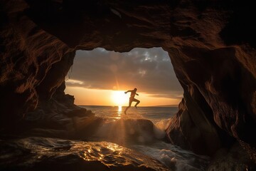 A Man Jumping Into The Ocean From A Cave At Sunset With The Sun Setting Beach At Sunset Travel Photography Travel Photography Generative AI