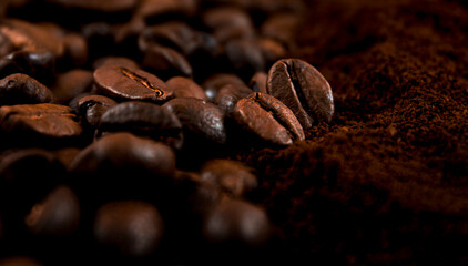 Coffee background. Close up of roasted coffee. Soft focus