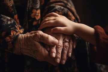 an elderly woman holding the hand of a child. Generative Ai