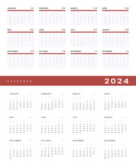 Set of 2024 Annual Calendar template. Vector layout of a wall or desk simple calendar with week start monday. Calendar design in black and white colors, holidays in red colors.