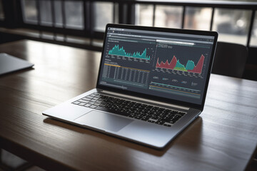 an open laptop computer sitting on top of a wooden table. Generative Ai