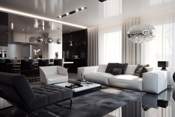 living room filled with furniture and a large window, Bauhaus, high-gloss white, charcoal silver color scheme, soft ambient lighting