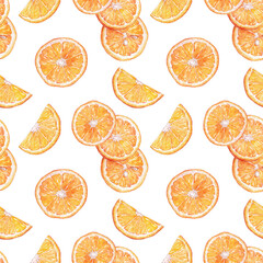 Watercolor seamless pattern with slices of orange fruit on white