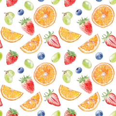 Watercolor seamless pattern with summer fruits and berries 