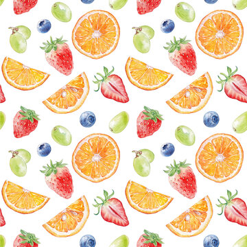 Watercolor seamless pattern with summer fruits and berries 