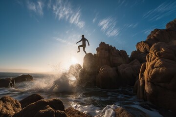 A Man Jumping Off A Rock Into The Ocean At Sunset Or Dawn Seaside Rocky Coastline At Sunrise Travel Photography Adventure Travel Generative AI