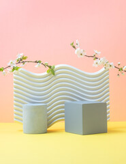 Geometric texture shapes on a pink yellow background. Cubic and cylinder gray podiums and cherry blossom branches. Beautiful still life composition. Spring concept