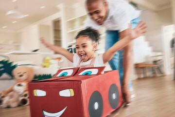 Playing girl, father and box in living room for pushing, games or race in motion blur, bonding love...