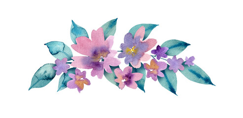 Watercolor floral illustration bouquets. Pink  flowers, blue green leaf branches collection. Wedding invites, wallpapers, fashion. Aquarelle art. Floral hand drawn isolated.