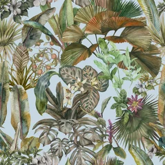 Fotobehang Tropical botanical wallpaper. Seamless pattern with tropical leaves and flowers. Stock illustration painted in watercolor © Арина Трапезникова