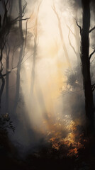 Fototapeta na wymiar A mystical forest at dawn misty fog hanging over, Generative AI