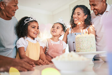 People singing happy birthday, family smile with celebration and cake at party with generations at home. Celebrate, together with dessert, happiness and grandmother with parents and children