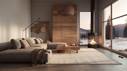 A sunlit and cozy living room surrounded by windows with a winter mountain view, featuring a fireplace and natural wood furniture, photorealistic illustration, Generative AI