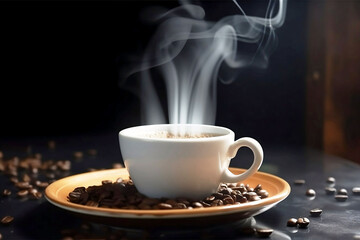 White Coffee Cup with Coffee Beans on Table. Top View Concept